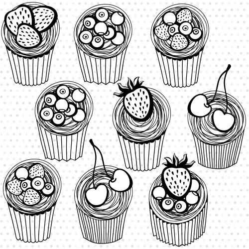 Bilberry. Vector cartoonish cupcakes with berries on light checkered, isolated elements
