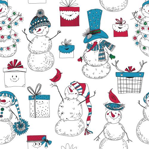 Snowman. Vector cute cartoon snowmen and gift boxes on white