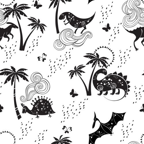 Black-white. Vector cartoon dinosaurs palm trees waves on white