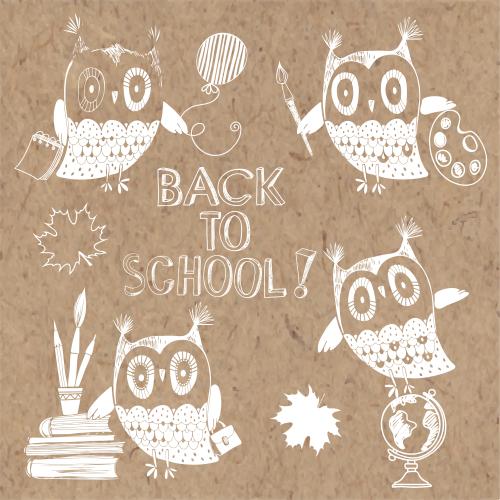 Notebook. Vector cartoon owls school supplies and back to school text on craft