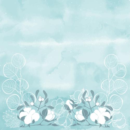 Cotton. Vector composition of cotton branches, eucalyptus, mistletoe, cones and a place for text on a blue watercolor