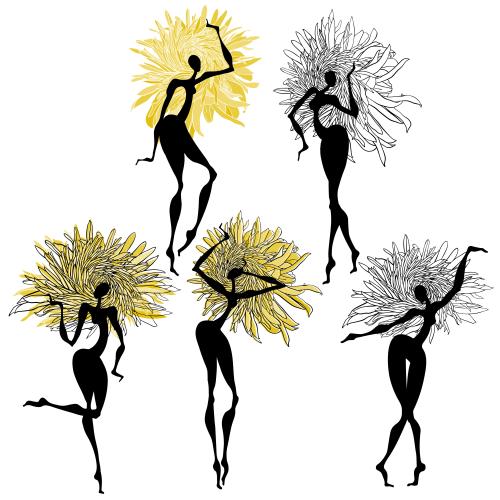 Chrysanthemum. Vector dancing chrysanthemums silhouettes on white