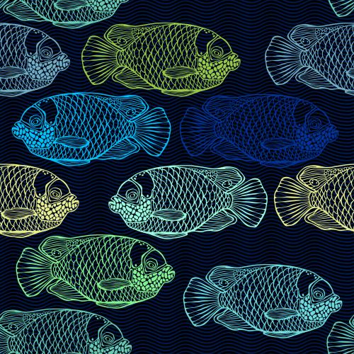 Vector image blue fish angels, waves, multicolored contours on black
