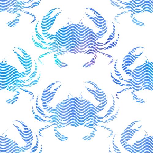 Raster image watercolor crabs, waves on white