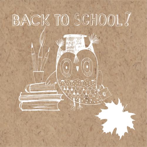 Notebook. Vector cartoon owl, school supplies, back to school inscription on craft