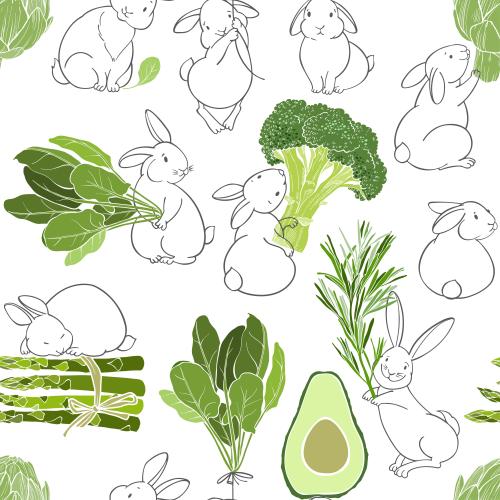 Vector image cute rabbits with leaves of spinach broccoli rosemary avocado asparagus artichoke on white