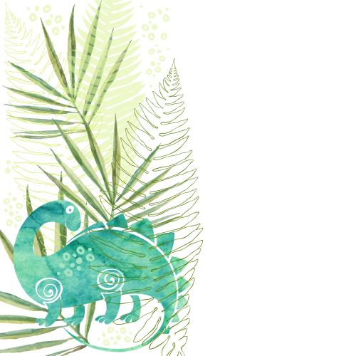 Raster image watercolor dinosaur, palm leaves and ferns, space for text on white