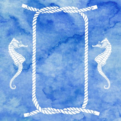 Sea knot. Vector rectangular frame made of marine rope with seahorses white silhouettes on a blue watercolor