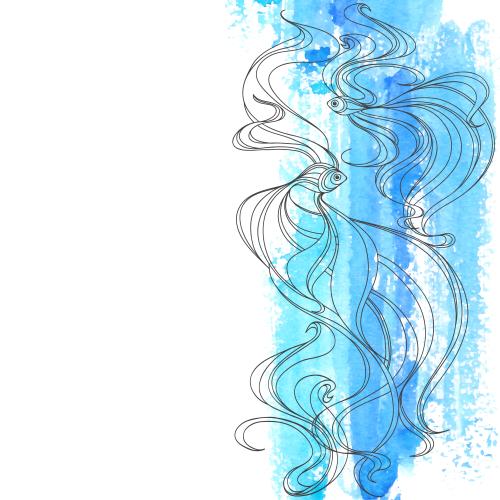 Vector image decorative fish, blue-turquoise watercolor fragment, white text area