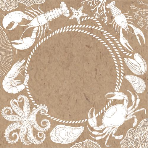 Crayfish. Vector octopus, crab, mussels, oyster, lobster, crayfish, shrimp, corals, sea star, round frame from sea rope on craft