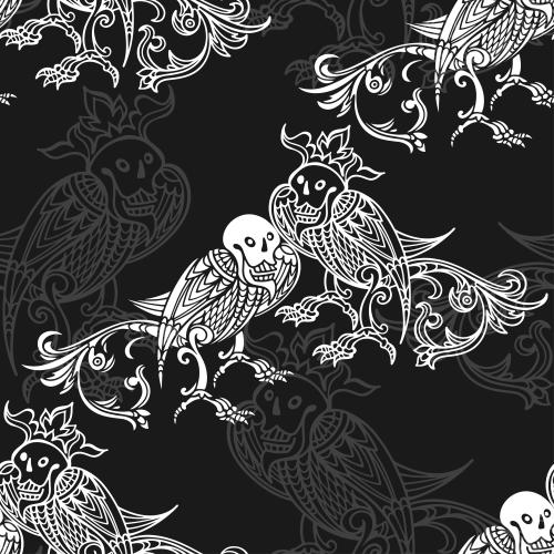 Illustration mythological creatures, gray and white outlines and silhouettes on black
