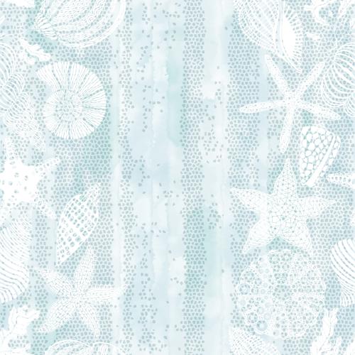 Vector image sea stars shells nautilus sea urchin algae on a blue watercolor mosaic