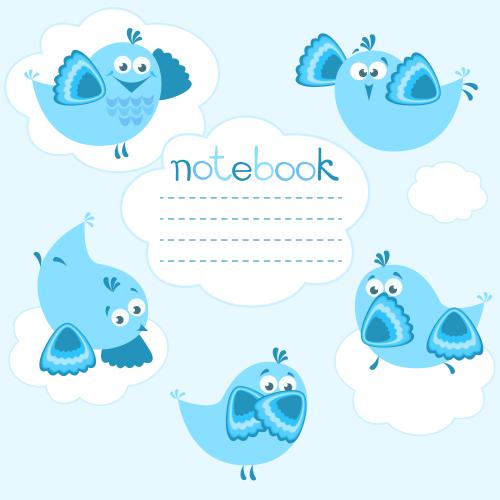 Notebook. Vector cartoon-style blue birds on clouds, template with text area