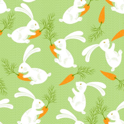 Grass. Vector cartoon white bunnies with carrots on green grass