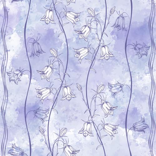 Vector image bell flowers, wavy lines on purple watercolor