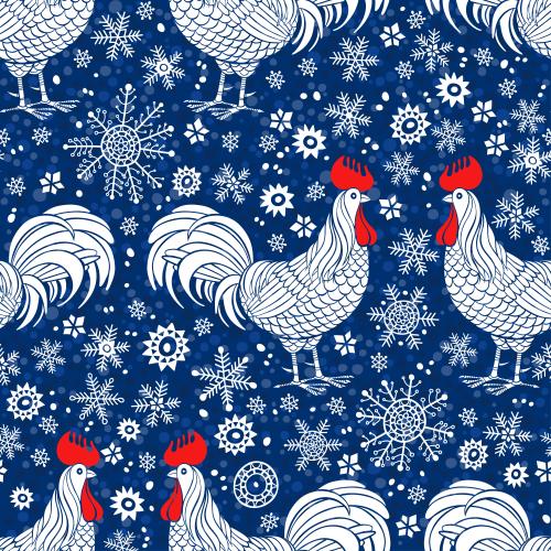 Rooster. Vector roosters snowflakes in a circle on blue checkered