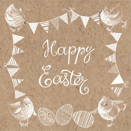 Chick. Vector frame with cute chicks, garlands, easter eggs and the text happy easter on craft