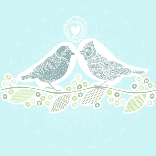 Valentine. Vector love birds on a branch on blue