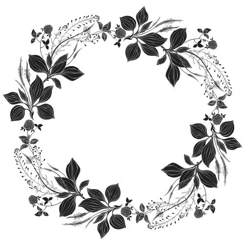 Plantain. Vector round frame-wreath of field flowers and herbs silhouettes on white