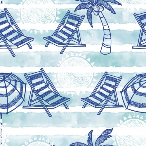 Deckchair. Vector chaise lounges palm trees sun umbrellas sun blue watercolor stripes on white