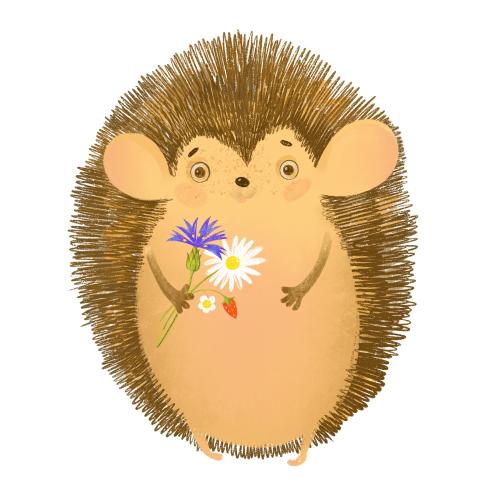 Raster image cartoonish hedgehog with a bouquet