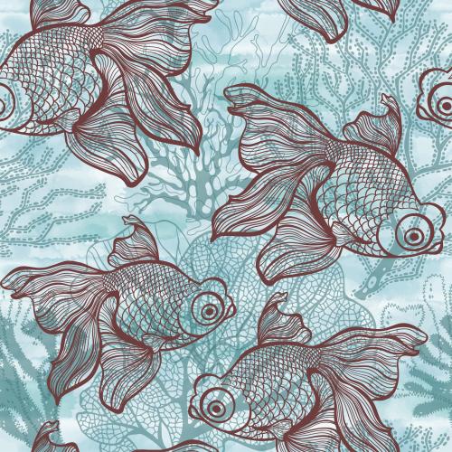 Vector image golden fish, algae and corals on a blue watercolor