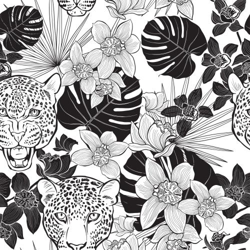 Vector image leopard heads, orchids, monstera leaves and palms on white