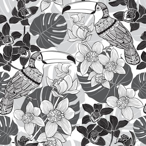 Palm. Vector toucans orchids palm leaves on white