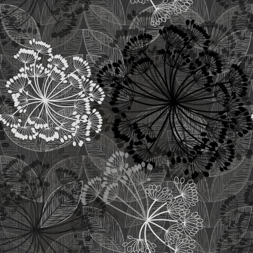 Vector image monochrome abstract umbrella-shaped flowers and leaves on black
