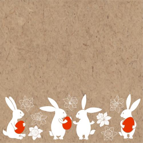 Vector image cute rabbits with red easter eggs, daffodils, space for text on craft