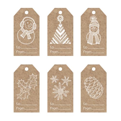 Snowflake. Vector six festive tags with symbols of new year and christmas on craft
