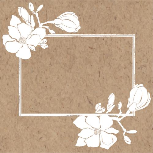 Bud. Vector magnolia rectangular frame with white flower silhouettes on craft