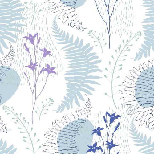 Fern. Vector bellflowers, fern leaves, shepherd's bag, colored contours and silhouettes on white