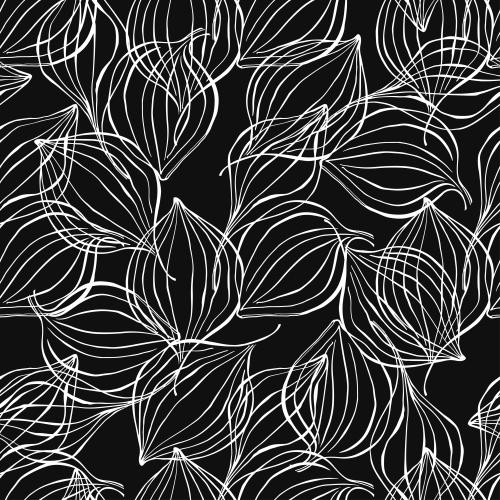 Illustration decorative leaves, white outlines on black