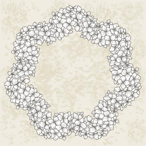 Hydrangea. Vector round frame of hydrangea inflorescences on a textured light