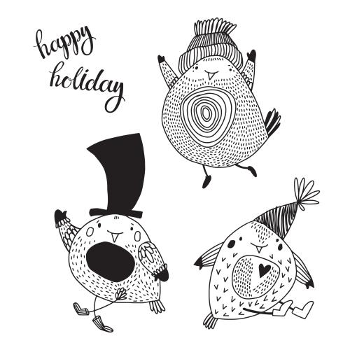 Birthday. Vector three happy cartoon birds inscription happy holiday on white