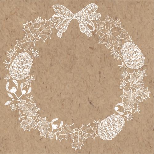 Bow. Vector festive round wreath made of christmas plants cones and a bow white outlines on craft