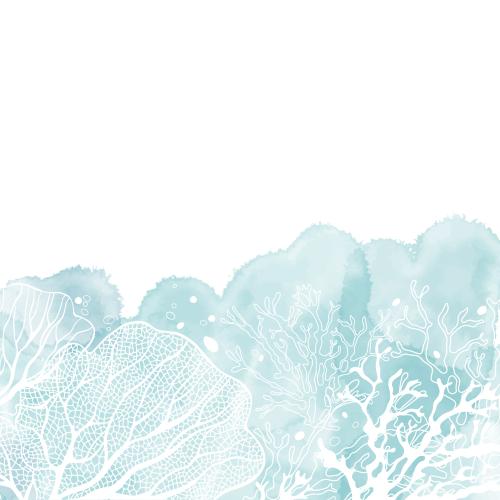 Illustration corals and algae on a blue watercolor fragment, space for text on white
