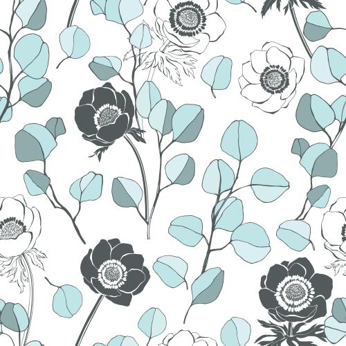 Eucalyptus. Vector anemones and eucalyptus sprigs on white