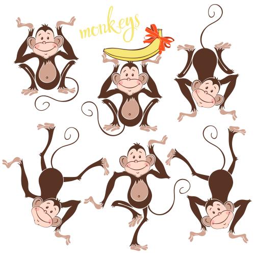 Banana. Vector six cute cartoonish little monkeys on white