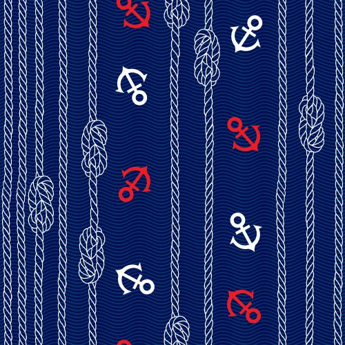 Rope. Vector multicolored anchors, nautical knots and ropes on blue waves
