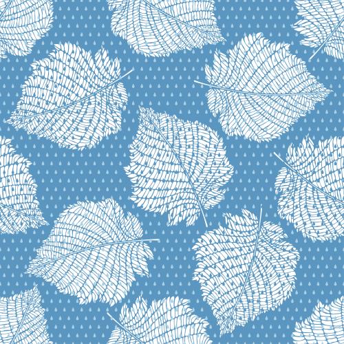 white leaf silhouettes, raindrops on blue
