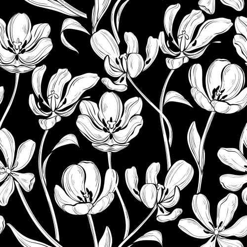 Tulip. Vector white tulip silhouettes on black