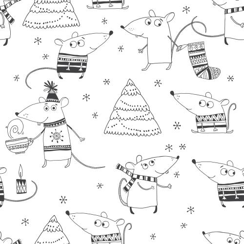Cup. Vector cartoon rats, festive trees, snowflakes on white