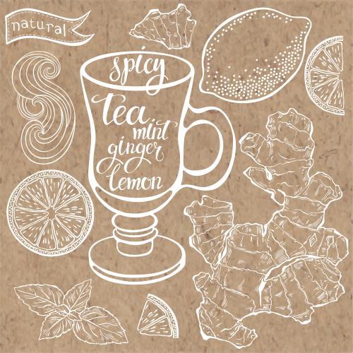Cup. Vector lemon mint ginger glass labels spicy tea mint ginger lemon on craft