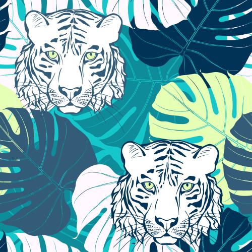 Vector image tigers' heads and multicolored monstera leaves