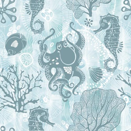 Octopus. Vector cartoon fish, octopus, seahorse, abstract marine creatures, corals on blue watercolor