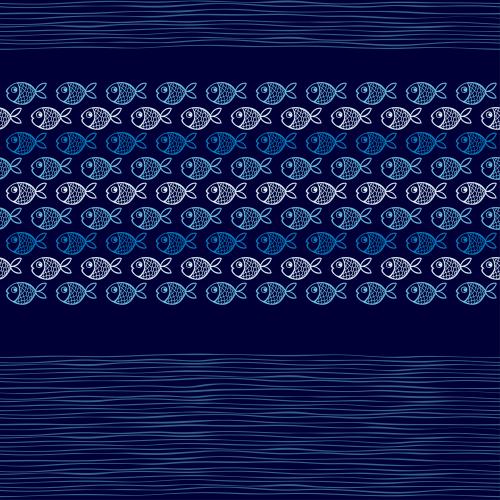 Vector image cartoonish fish and waves on blue
