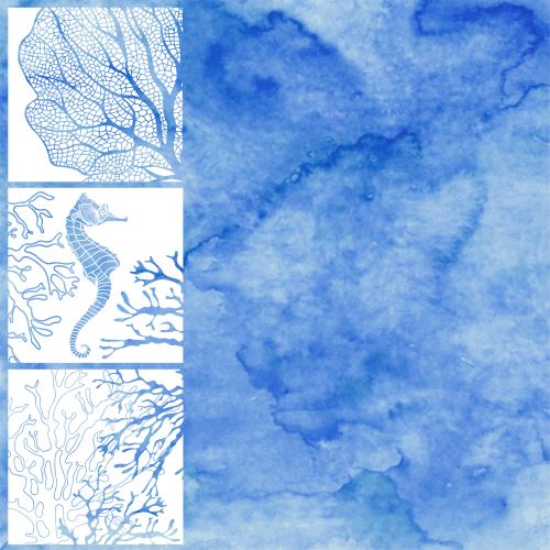 Raster image nautical theme composition with seahorse, underwater plants, and text area on blue watercolor