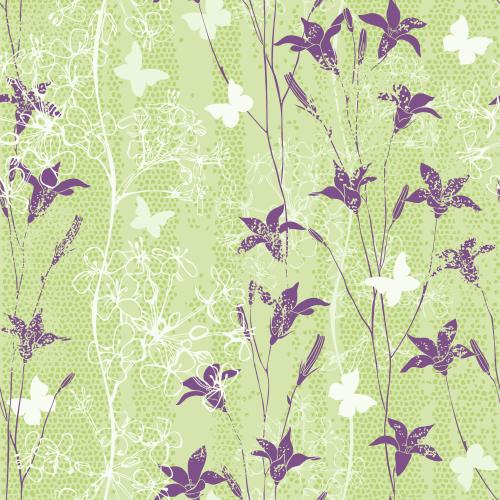 Stripe. Vector bell flowers, field flowers on mosaic green